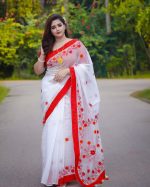 Premium Half Silk Sharee - Sada Pori - Image 3